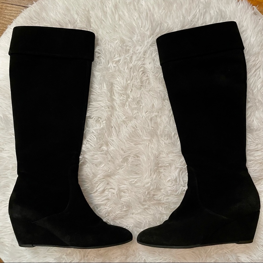 Aquatalia Tall Quilted Black Wedge Heel Boots - Picture 2 of 13